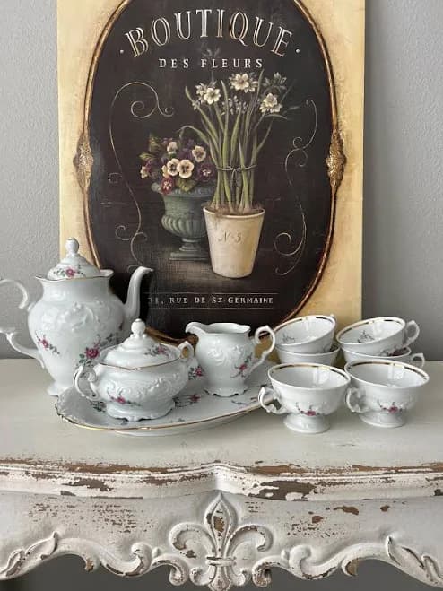 Vintage Floral Print Tea Set/ Teapots, Teacups, Sugar & Creamer, Serving plate /
