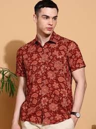 Brown Floral Slim Fit Cotton Shirt for Men – Earthy & Elegant – Indiaista.com