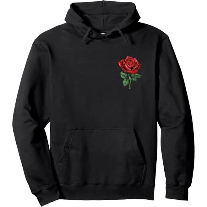 Fashion hoodies, Men'S Black Hoodie with Red Rose Graphic - Pullover Sweatshirt, Soft Stretch Fabric Hooded Sweater for Everyday & Formal Wear,