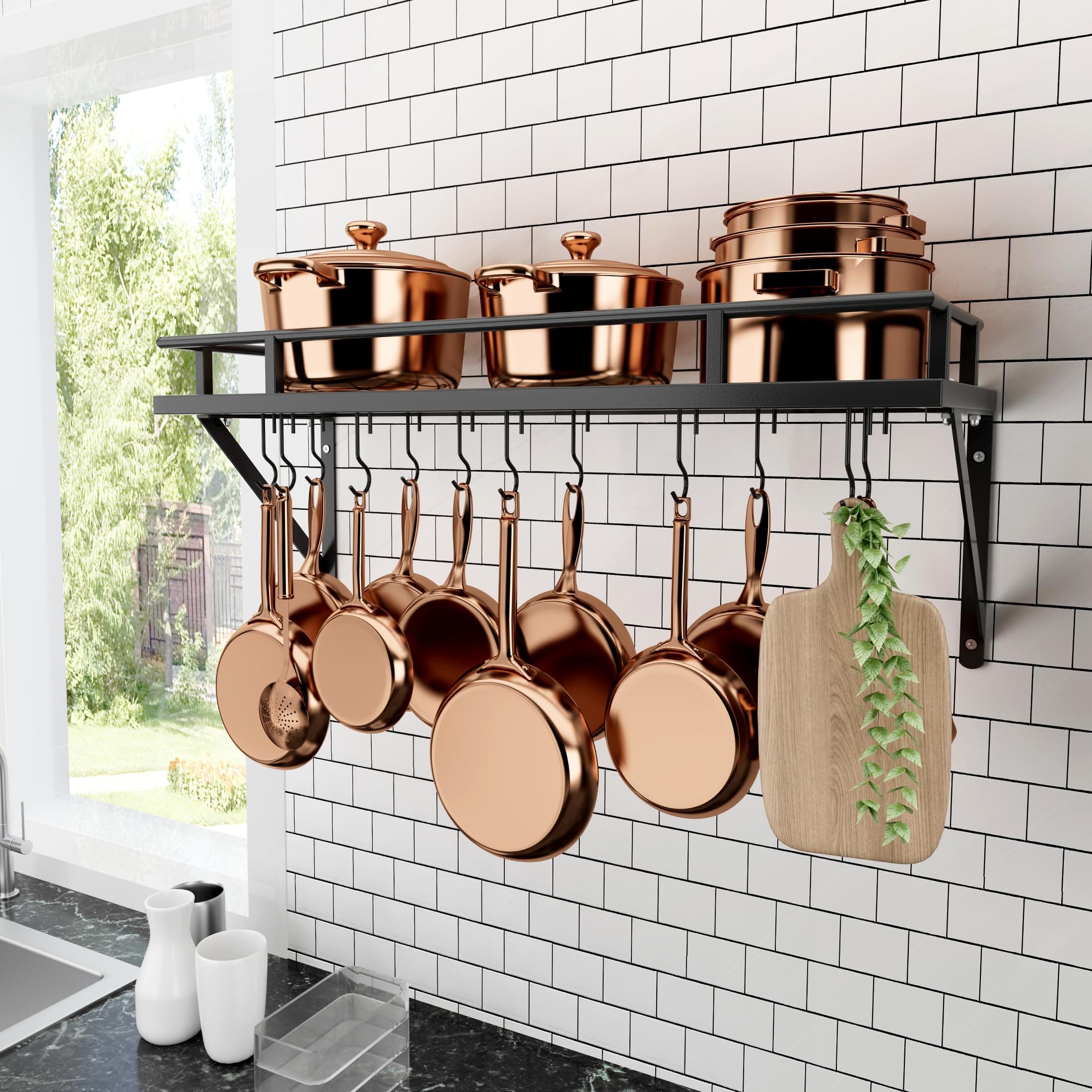 Kes Matte Black 30 in. Wall Mount Rectangular Pot Rack with 12 Hooks