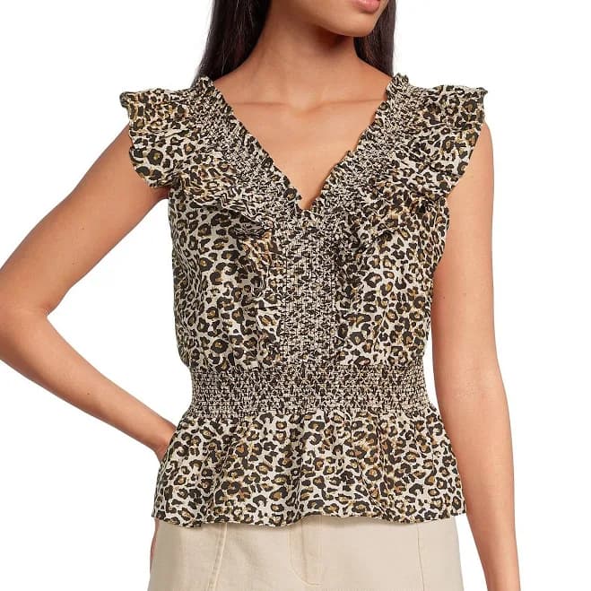 Skies Are Blue Leopard Poplin V-Neck Ruffle Peplum Top