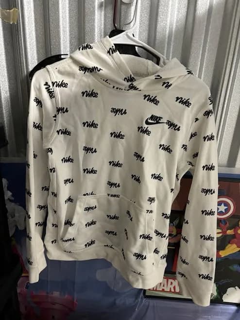 Nike Hoodie Pullover White With Black All Over Logo Hoodie Youth Large