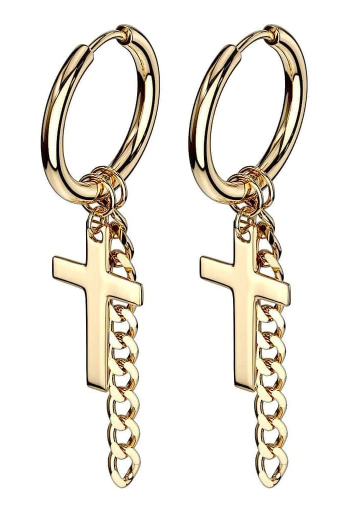 Pierced Universe Surgical Steel Cross & Chain Dangle Hoop Earrings