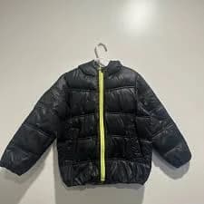 Onekid puffy jacket, size 4/5 , black and neon green zipper.