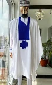 White & Blue-Black Agbada 3 Pcs Men Kaftan African Clothing African Groom Suit
