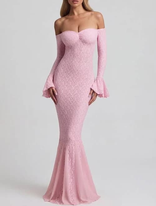 Oh Polly Off-Shoulder Ruffle Lace Maxi Dress