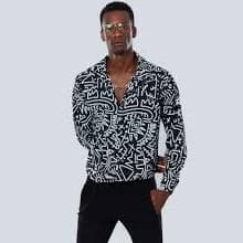 Men's Viscose Long Sleeve Shirt, Black White Tribal Line Art Print, Relaxed Fit