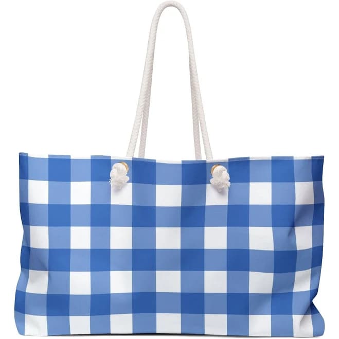 Blue White Gingham Weekender Bag, Preppy Aesthetic, Plaid, Beach Tote, Carry On Luggage, Overnight Bag, Gingham Check, Shoulder Bag