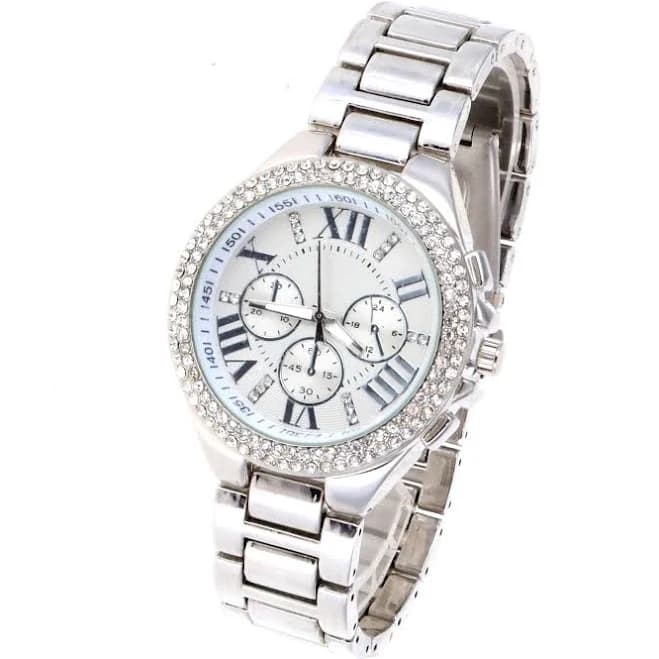 Men's Silver Analog Wristwatch Metal Band Chronograph Style Watch 43mm