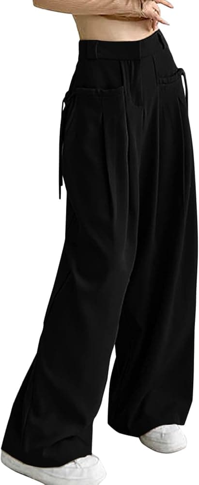 Women Fashion Solid Color Suit Pants Drape Casual Pants Straight Leg Pants Wide Leg Business Casual Long (Black, M) at Amazon Women's Clothing store