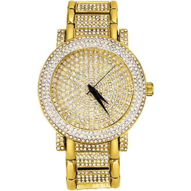 Domed Triple Bezel Iced Out Bling Watch in Yellow Gold