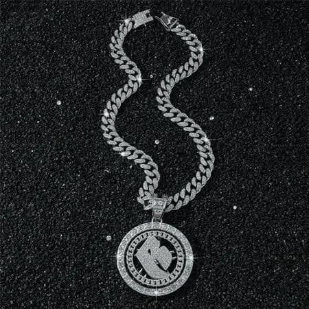Hip Hop Cuban Chains Rotate the letters B Pendant Necklace With 13mm Miami Cuban Chain Iced Out Bling HipHop Necklaces Fashion Jewelry, Adult Unisex,