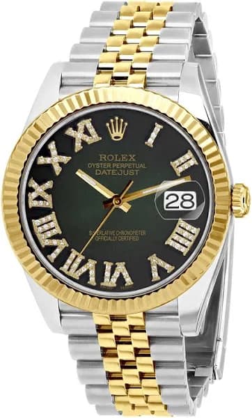 Men's Gold/Stainless Steel Two-Tone Watch | Rolex Datejust 41 mm | Roman Numerals | Dark Green Dial