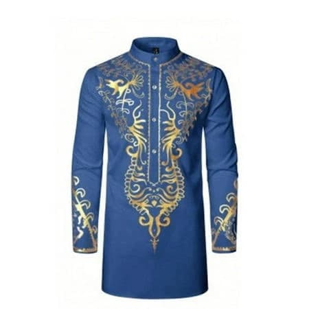 XIAOCHA Xiaonu Men Luxury Embroidery African Dashiki Shirt Mandarin Collar Longline Tunic Top Cultural Party Wear Shirts, Men's, Size: Large, Blue