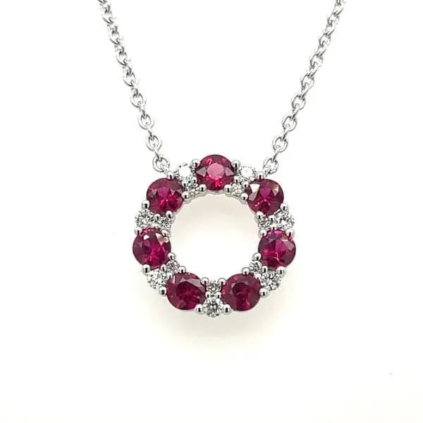 14K White Gold Ruby Diamond Circle Pendant