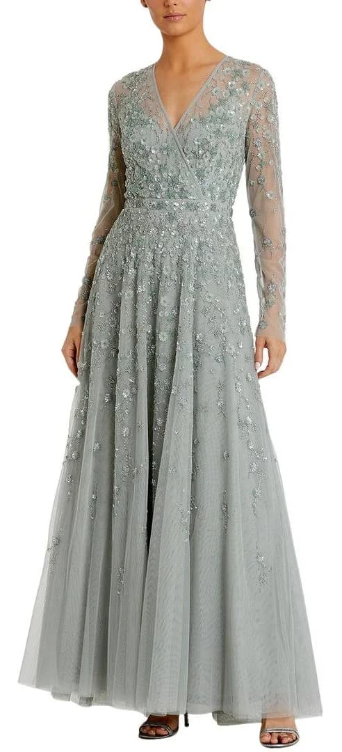 Mac Duggal Embellished Wrap Over Illusion Long Sleeve A-Line