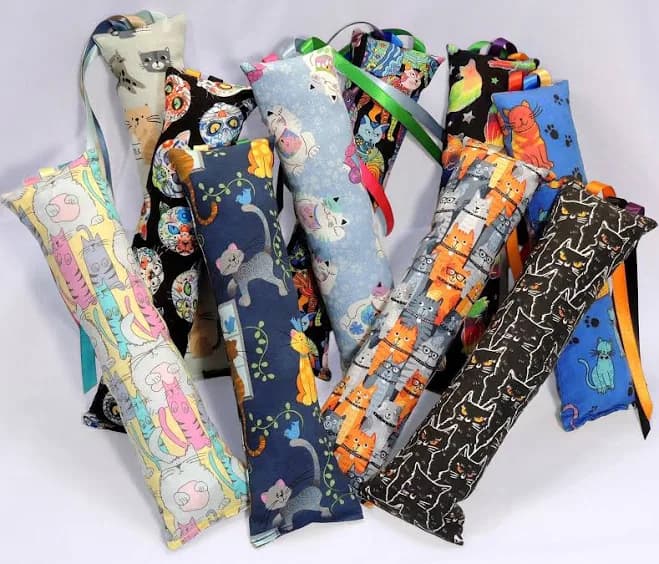 Medium Catnip Kicker Toy with Ribbons * 10" to 11" long * Cat Themed Cotton Fabrics