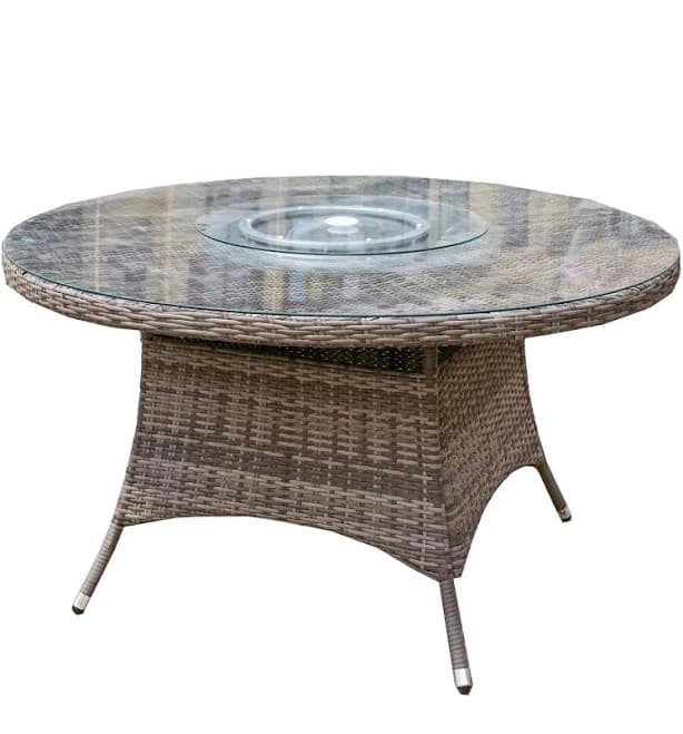 All-Weather Aluminum Woven Rattan Round Dining Table with Umbrella Hole and Tempered Glass Top