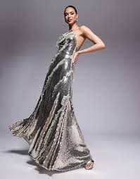 ASOS DESIGN halterneck sequin maxi dress in silver sequin with mesh ruffle inserts in silver | ASOS
