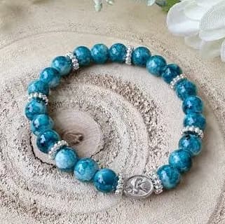 Handmade Blue Ceramic Beaded Bracelet from Medjugorje | Steel Medal Virgin Mary/Merciful Jesus | Silver Spacer Beads | Stretch Fit