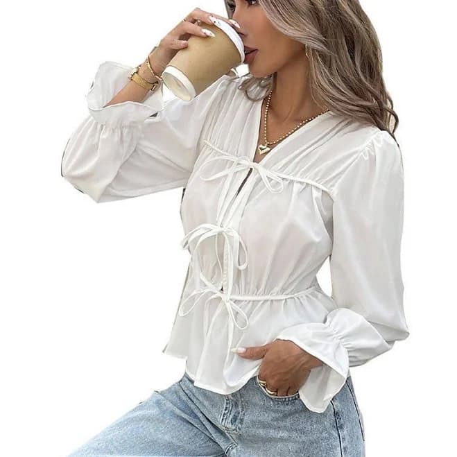 Women's V-Neck Long Sleeve Ruffle Cuff Peplum Blouse