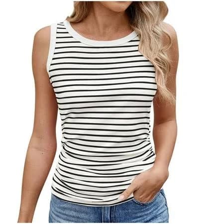 Women's Striped Ribbed Crew Neck Tank Tops