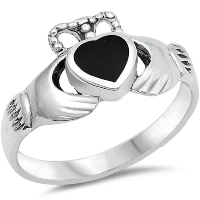 .925 Sterling Silver Claddagh Heart Promise Ring with Simulated Black Onyx