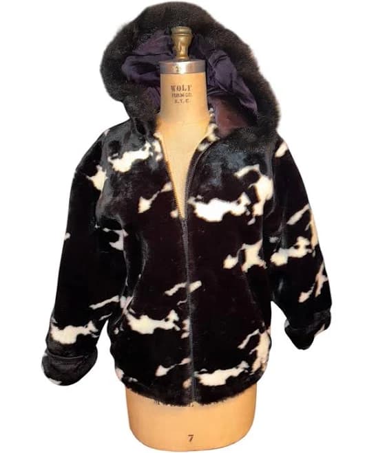 Vintage 90's Young Gallery by Oshrin Front Zip Black White Cow Print Faux Fur Winter Hooded Hoodie Coat Jacket Madd In USA