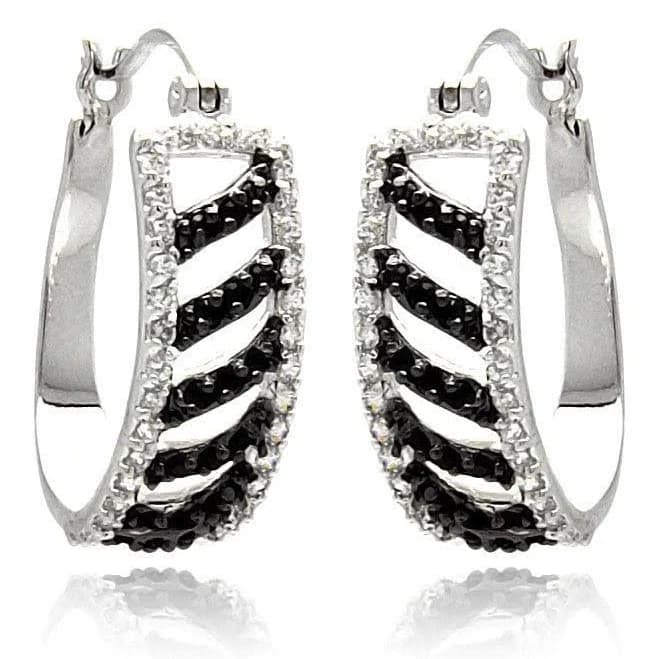 925 Rhodium Plated White Enamel Hoop Earrings with Black Stripe CZ