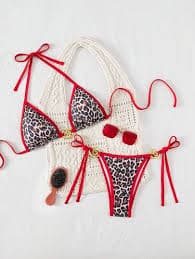SHEIN 2 Pieces Set Women's Summer Holiday Beach Random Animal Print Leopard Metallic Drawstring Halter Backless Top And Side Tie-Up Shorts Bikini Set | SHEIN USA