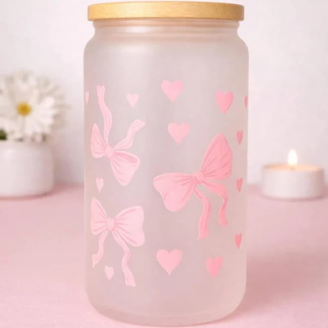 Pink Bows & Hearts Glass Can Cup