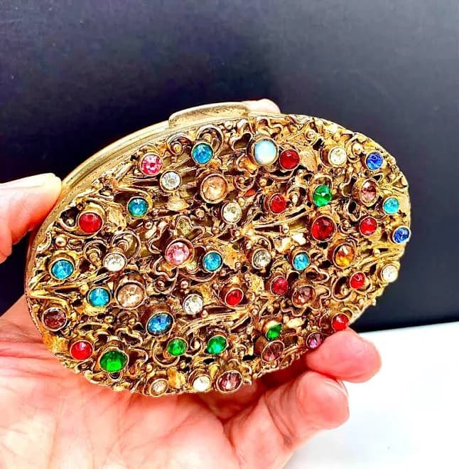 Sparkling Colors Vintage Dorset Fifth Ave Rhinestone Powder Compact.
