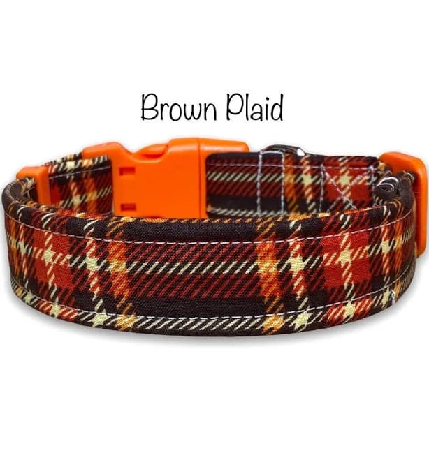 Brown Plaid Fabric Dog Collar: Adjustable, Washable, handmade plaid side release dog collar