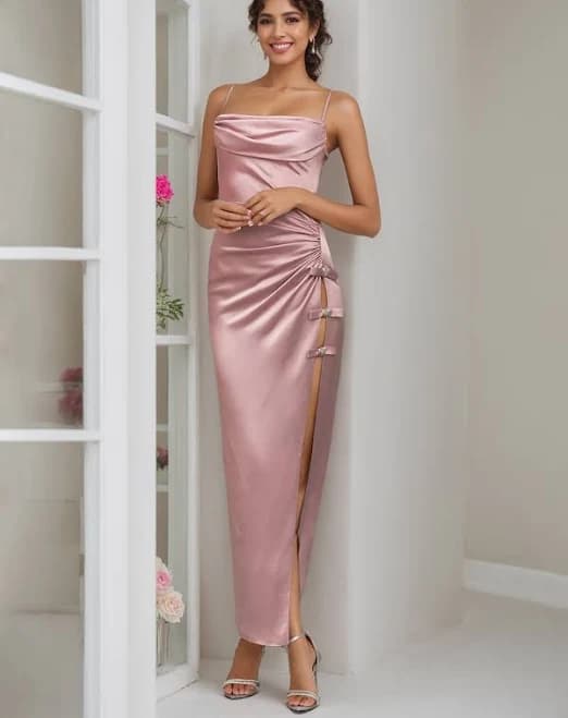 Elegant Long Satin Evening Gown with Spaghetti Strap and High Slit