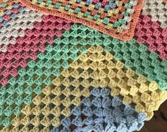 Afghan Vintage Crocheted Granny Square Large Afghan 53x53 Square Pastel Colors Peach Blue Yellow Pink Green White - Rainbow Colored Blanket - Etsy