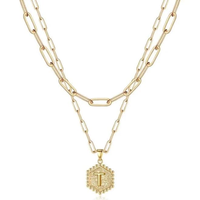 14K Solid Gold Hexagon Letter T Initial Necklace