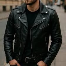 Men's Black Asymmetrical Zipper Real Leather Biker Motorcycle Belted Jacket