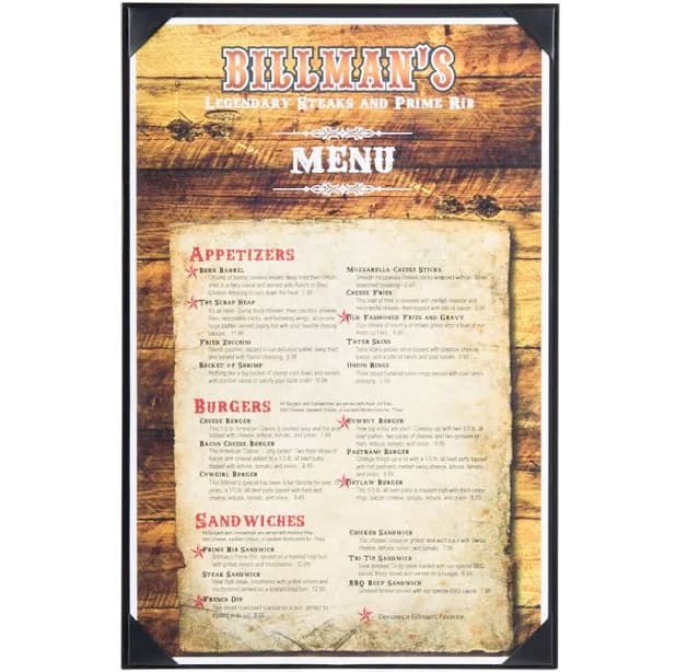 BK The Kearny Series 11" x 17" Single Panel Double-Sided Black Menu Board