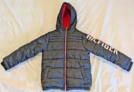 Tommy Hilfiger Puffy Winter Coat with hood. Black Childs M (10/12). Red lining.