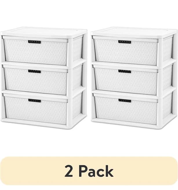 (2 pack) Sterilite Wide 3 Drawer Tower, Plastic Storage Organizer with Removable Decorative Bins, Easy to Assemble - No Tools Needed, White, Size: 15