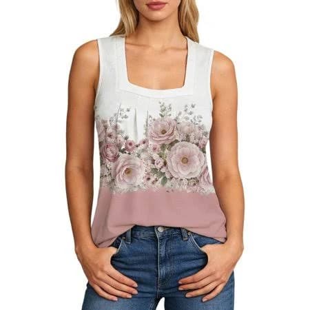 Gpoecd Summer Tank Tops for Women Summer Square Neck Ruffle Shoulder Tank Top Floral Print Sleeveless Blouse Casual Stretch Fit Womens Camisole