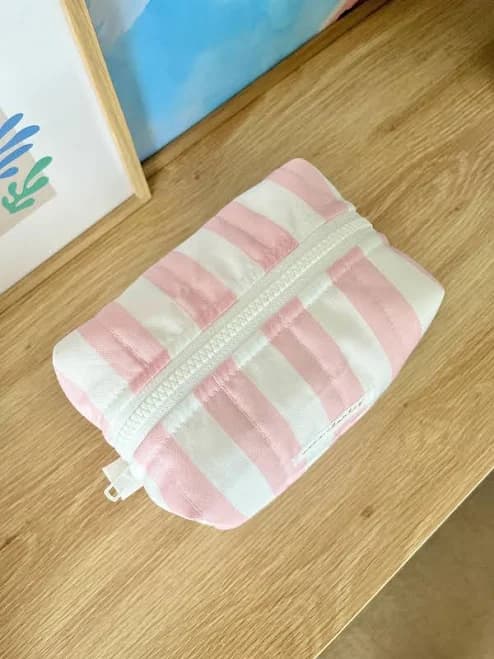 The Pink and White Stripe Quilted Makeup Bag / cute trendy aesthetic quilted cosmetic bag
