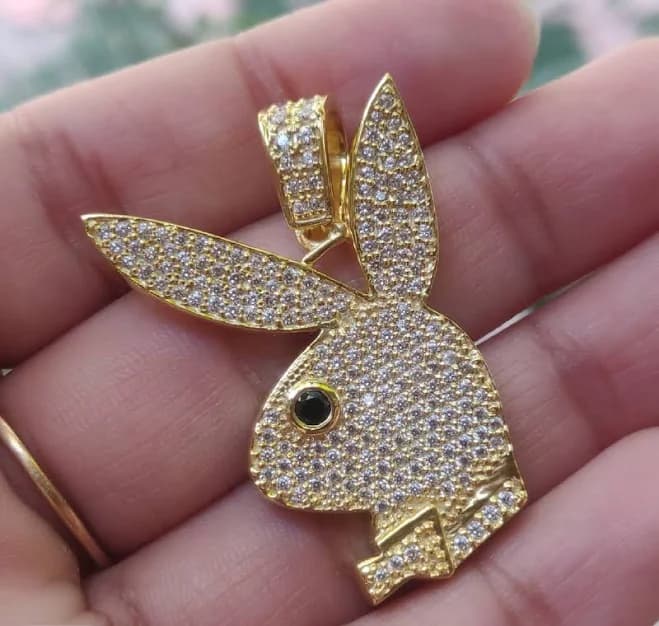 14K Yellow Gold Over 925 Sterling Silver Round Diamond Play Boy Bunny Charm Pendant Necklace