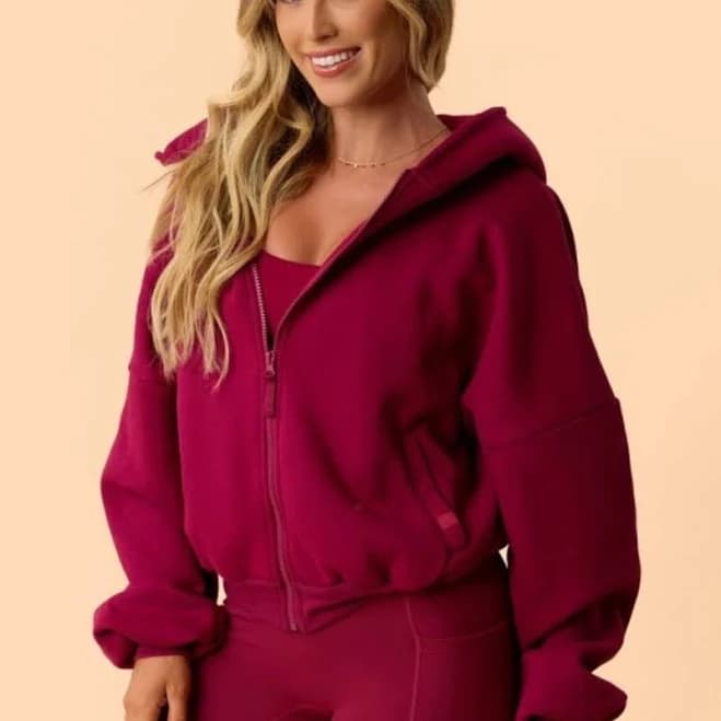Blogilates NWT Popflex Marshmallow Full Zip Hooded Sweatshirt Jacket XS - New Women | Color: Maroon | Size: XS