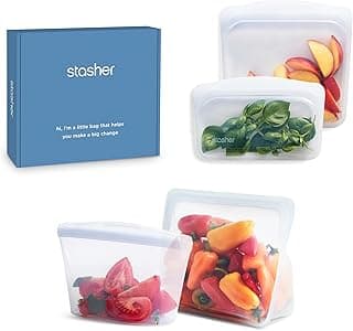 Stasher Silicone Reusable Storage Bags, 4-Pack Starter Kit, Reusable Freezer Bags, Microwave, Dishwasher, Oven Safe, Sous Vide, Premium Lunch Containers, Eco Friendly, Food Storage Bags, Clear