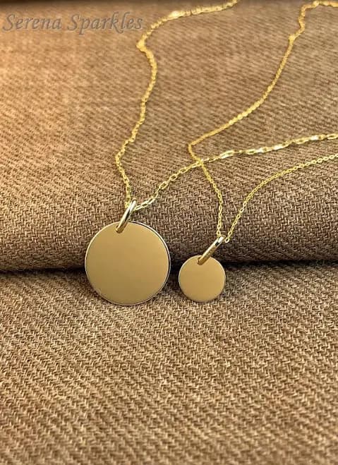 10K Solid Gold Engravable Flat Disc Pendant Necklace