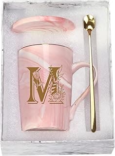 WENSSY Pink 14 Ounce Letter M with Flower Personalized Initial Mugs, Novelty Coffee Mugs for Women, Bridal Shower Gifts, Dishwasher Safe Porcelain Mug
