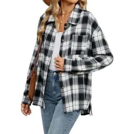 Women's Flannel Shirt Long Sleeve Plaid Shirt Jacket, Button-Down Business Casual Blouse Top Black & White M, Size: Medium