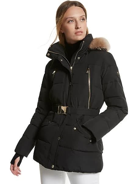 Michael Kors Faux Fur Trim Quilted Belted Puffer Jacket