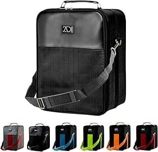 Small Wig Travel Box with Top Handle, Shoulder Strap and Double Zipper, Carrying Case with Removable Head-Holding Base - Black Grid Design - by Adolfo Design